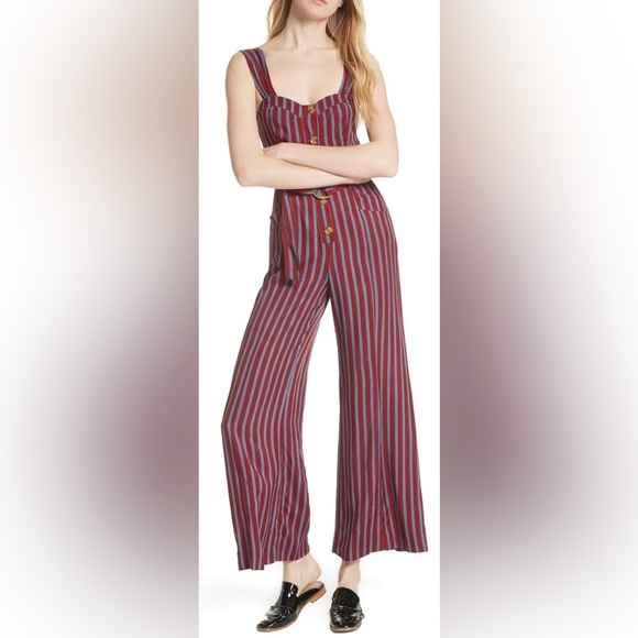 Free People Pants - Free People City Girl Jumpsuit Striped Wide-Leg Retro Preppy Red Gray Size 12